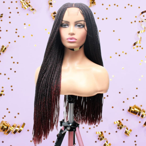 Ombre Black & Red Lace Closure Mid Part Corn Row Braided Wig - Medium - 56cm $190 Ghana Weave QualityHairByLawlar (6693570642006)